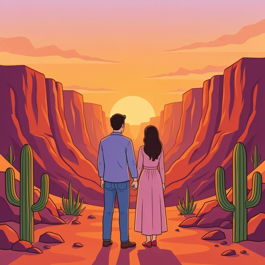 Couple eloping in a Texas desert canyon with cacti and sunset sky