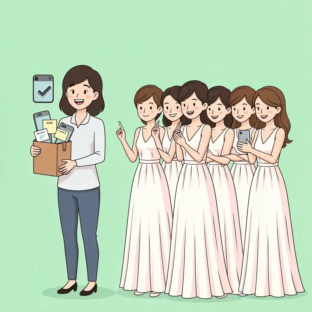 Designated Phone Handler Vector illustration of a designated phone handler holding a bag of labeled phones while bridesmaids pose for photos.