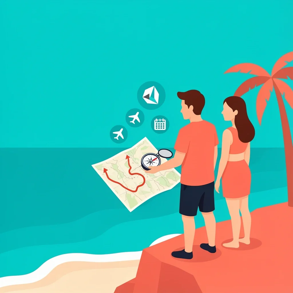Couple planning a destination wedding with compass and map on a tropical cliff