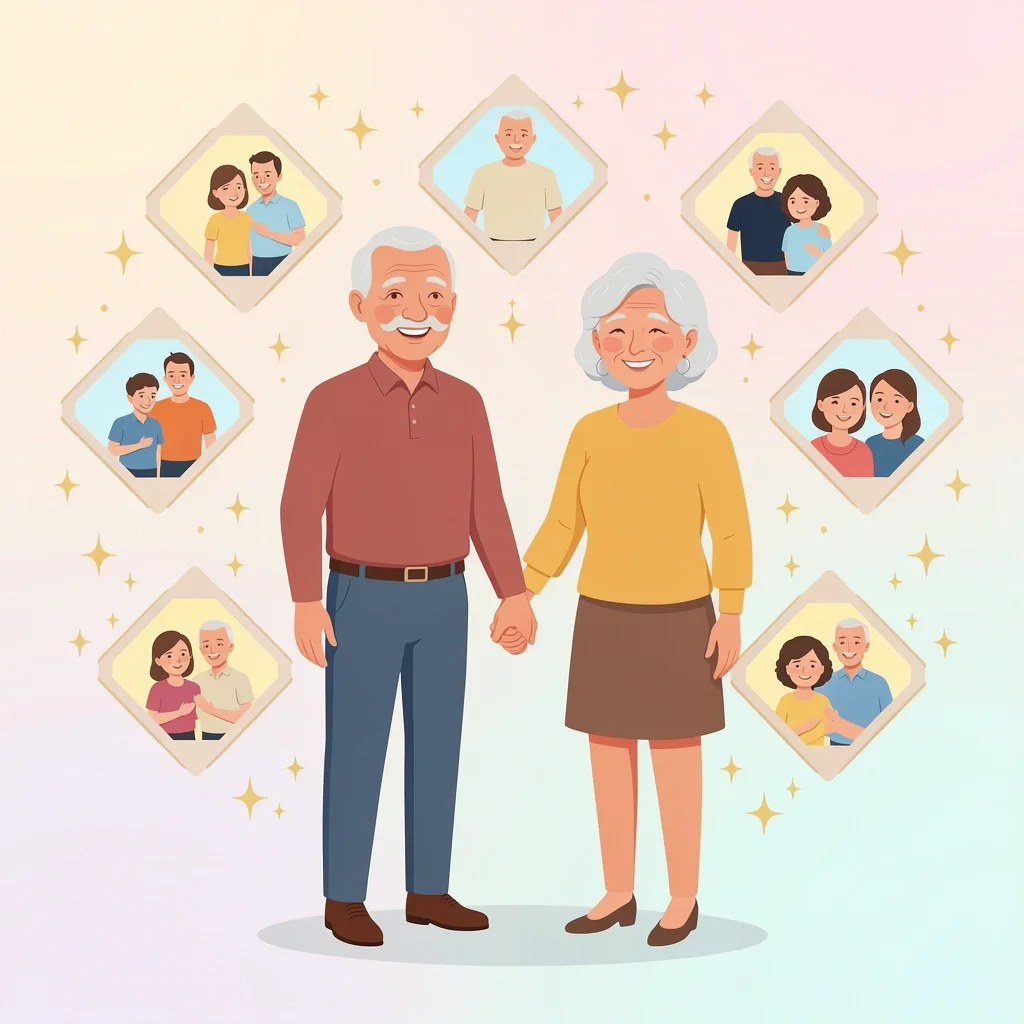 Elderly couple celebrating 60th anniversary with diamond and family symbols