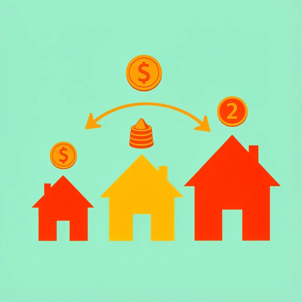 Family Christmas Budget Adaptability Icon Three colorful house icons of varying sizes with different coin amounts above each, illustrating that Christmas budgets differ for every family.