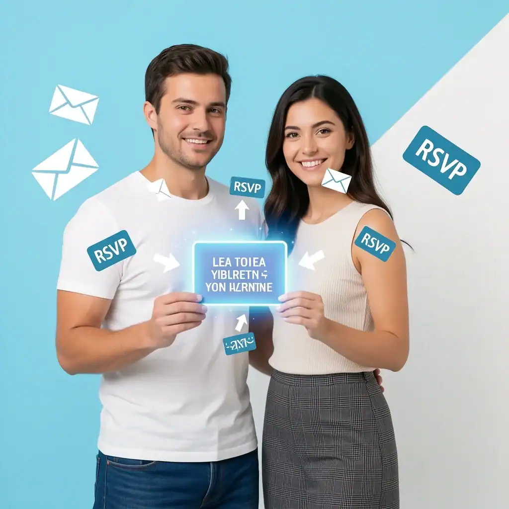 A couple smiling while holding a digital invitation with floating RSVP icons and delivery arrows, representing online wedding invitations
