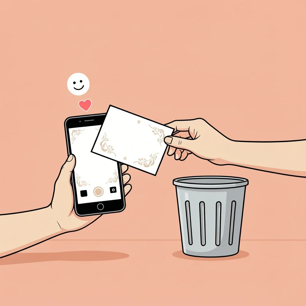 Guilt-Free Discarding by Digitizing Person photographing a wedding card before recycling it