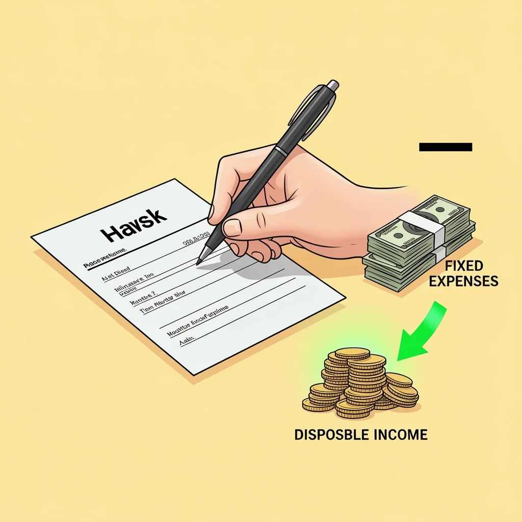 Disposable Income Calculation for Christmas A hand with a pen over a paycheck slip, a subtraction symbol next to bills, and a green arrow pointing to a pile of coins representing disposable income.