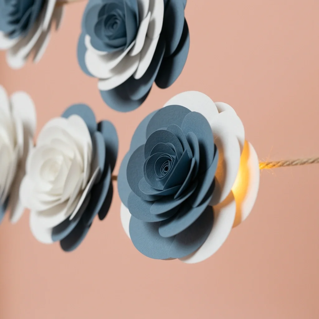 Elegant DIY Paper Flower Wall Closeup of a DIY paper flower wall in dusty blue and white with fairy lights glowing through petals