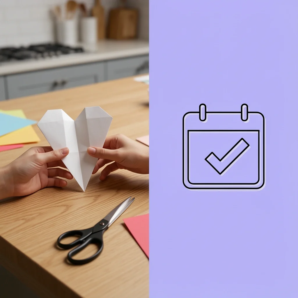 DIY vs Professional Decoration Comparison Split comparison: hands folding paper origami for DIY versus a schedule icon for hiring a service