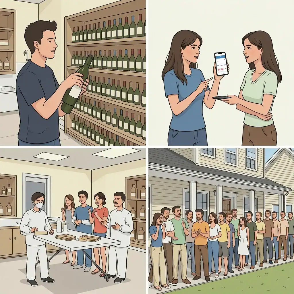Four illustrations showing common DIY wedding mistakes: running out of wine, music dispute, morning setup panic, and restroom line