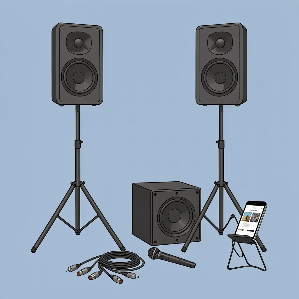 Essential sound equipment for a DIY wedding: two speakers on stands, subwoofer, microphone, cables, and phone