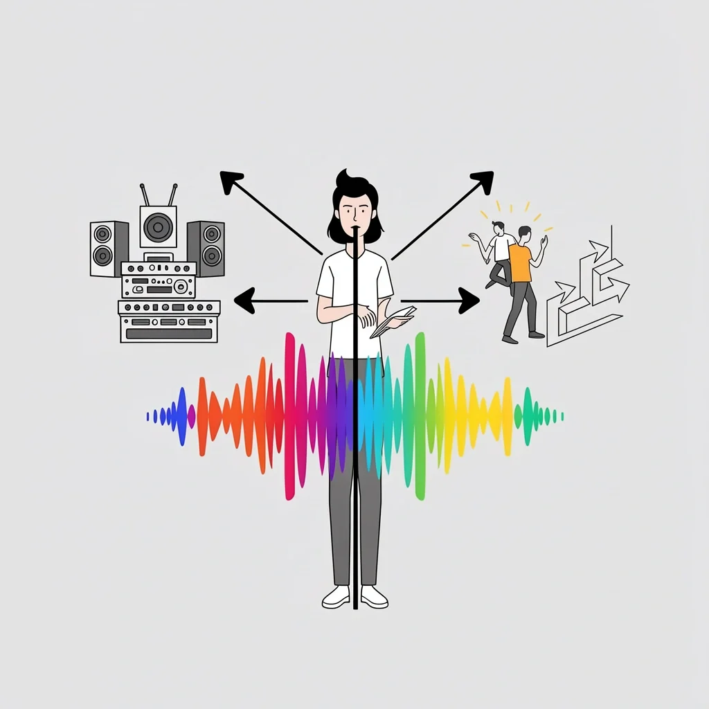 Visual metaphor showing three key roles of a DJ: equipment manager, crowd director, and energy reader