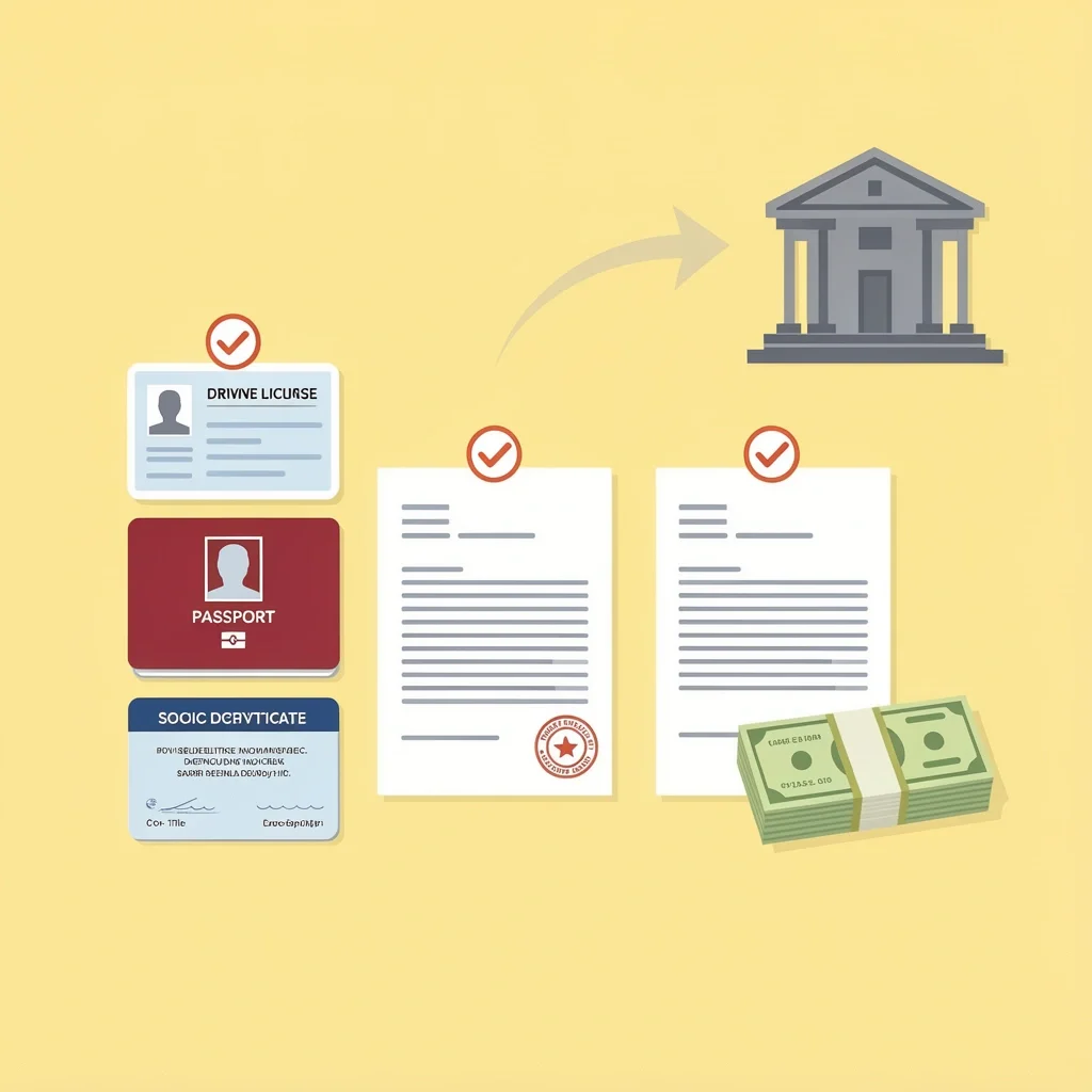 Flat-lay of required documents for marriage license including ID, birth certificate, divorce decree, and payment