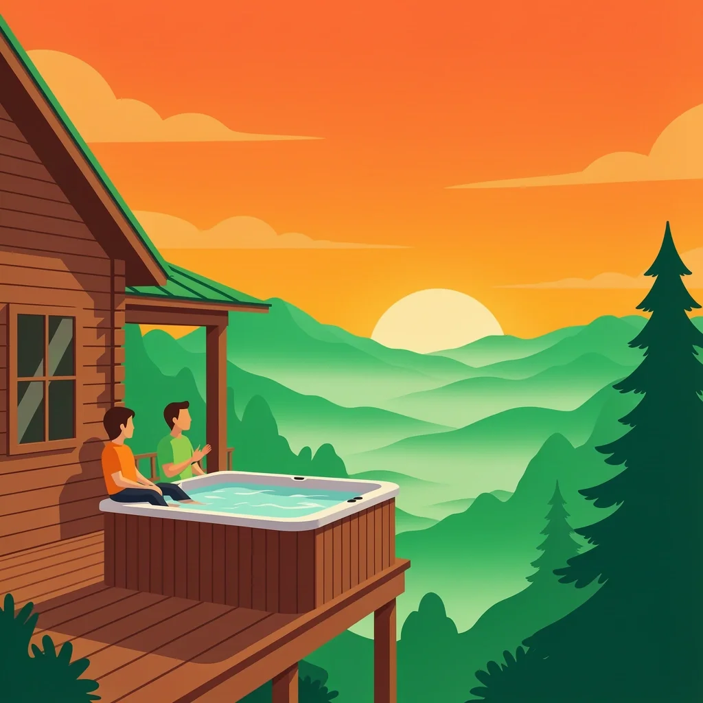Smoky Mountains Cabin Getaway Couple on cabin porch with hot tub and mountain view in Smoky Mountains