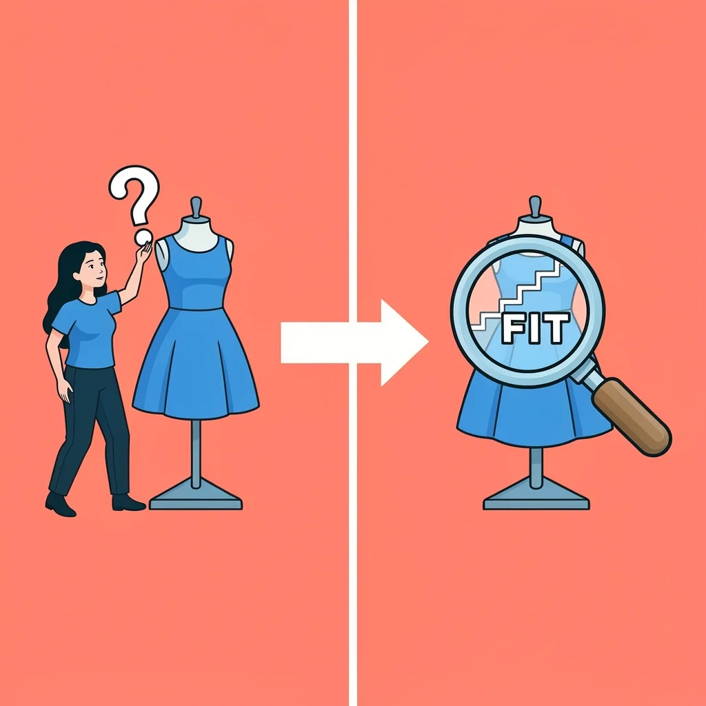 Woman with question mark by a dress on mannequin and magnifying glass examining fit