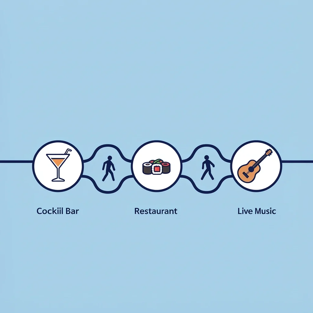 How to Build a Full Evening Date Itinerary Illustration of a three-stop date night itinerary with cocktail, sushi, and music icons connected by a path
