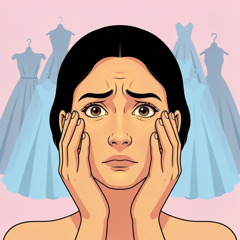 Woman with anxious expression surrounded by floating wedding dress silhouettes