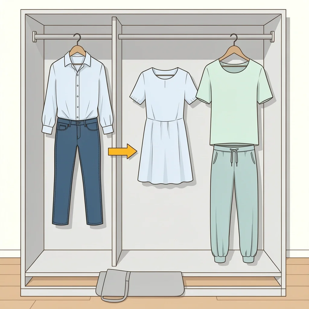 Date Night Dress Code Change Closet with nicer date night outfits hanging and sweatpants on floor with arrow showing change