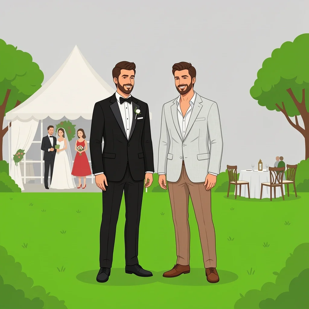 Comparison of over-formal tuxedo and appropriate linen blazer at backyard wedding