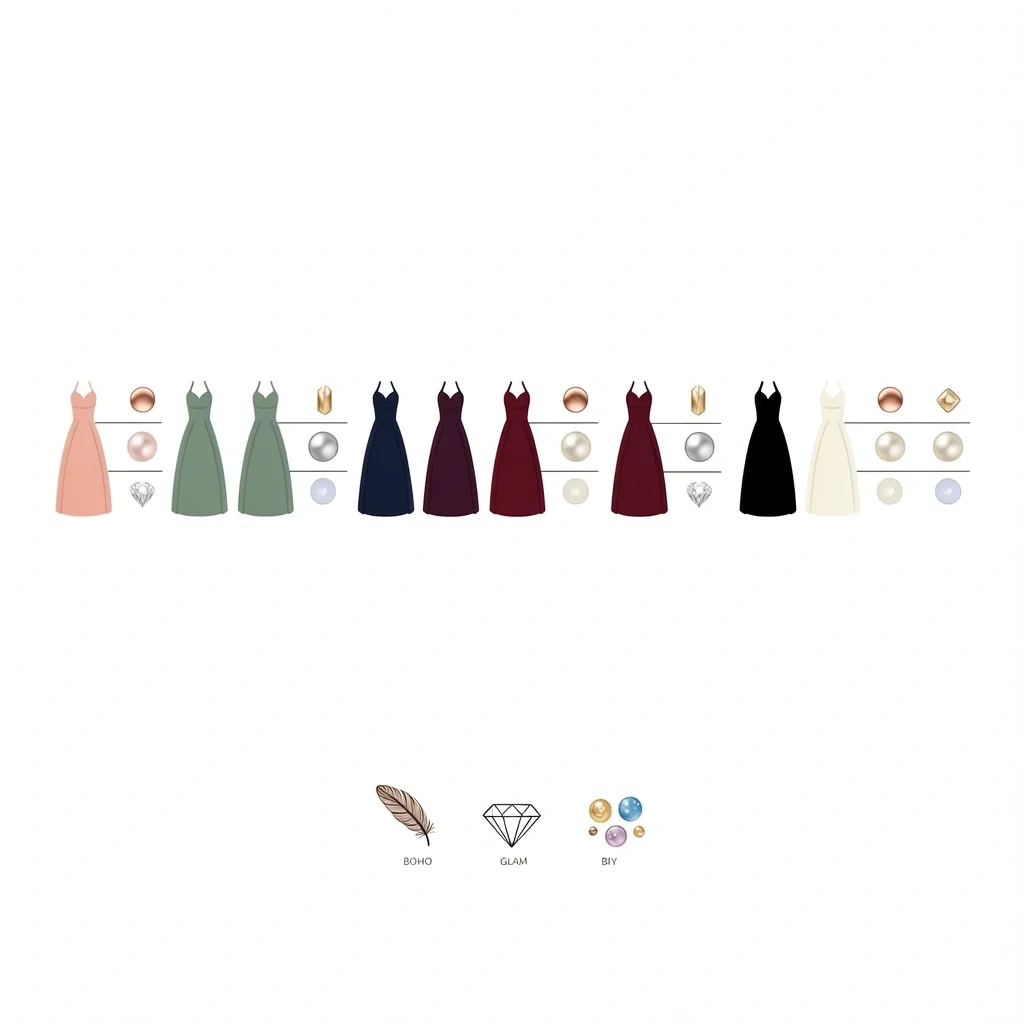 Seven dress colors with matching metal and stone icons plus boho, glam, and minimalist wedding theme icons with accessory clusters