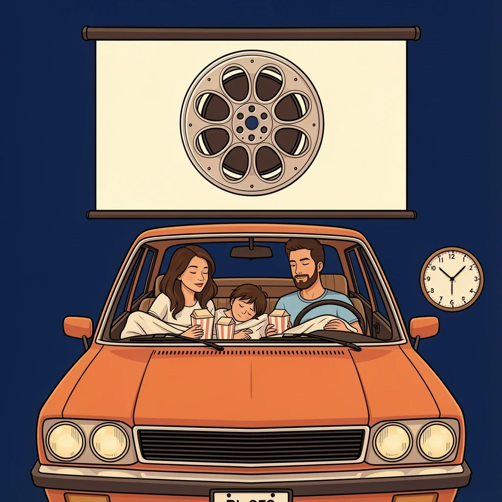 Couple enjoying a drive-in movie date while their children sleep in the back seat