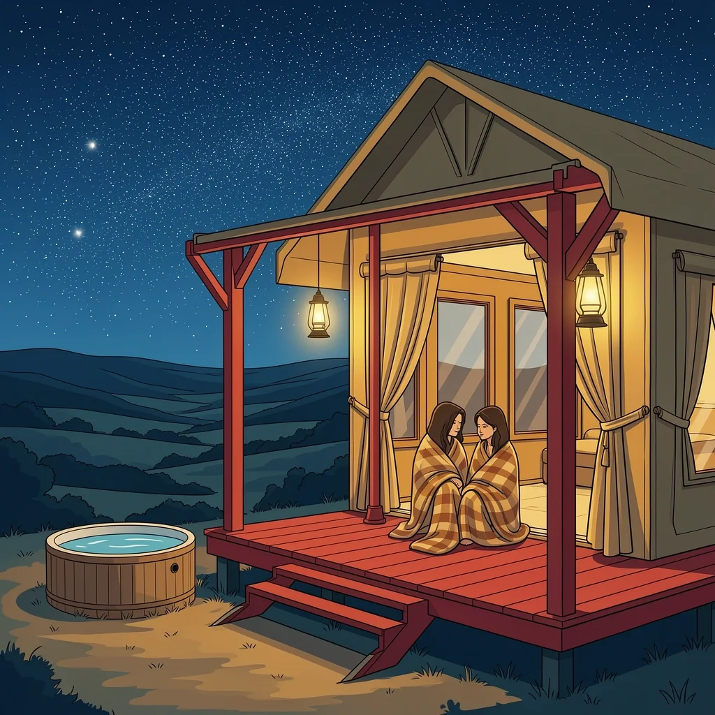 Luxury safari tent at Dunya Camp with hot tub and stargazing couple