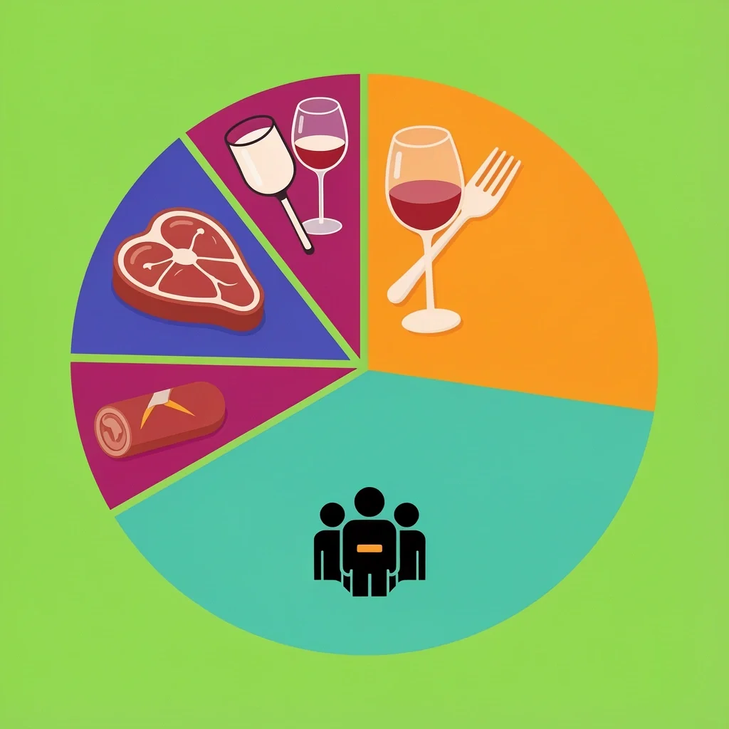 Economy Reshaped Wedding Budget Vector illustration of a wedding budget pie chart with food and drink icons and a smaller guest list icon