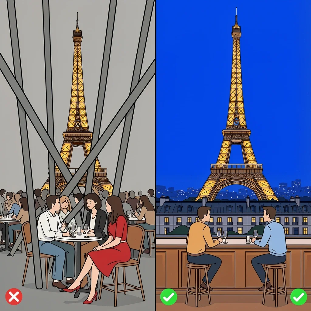 Eiffel Tower Dinner Myth vs Reality Alegria style comparison illustration showing the myth of a crowded Eiffel Tower dinner versus the reality of a rooftop bar with a clear view.