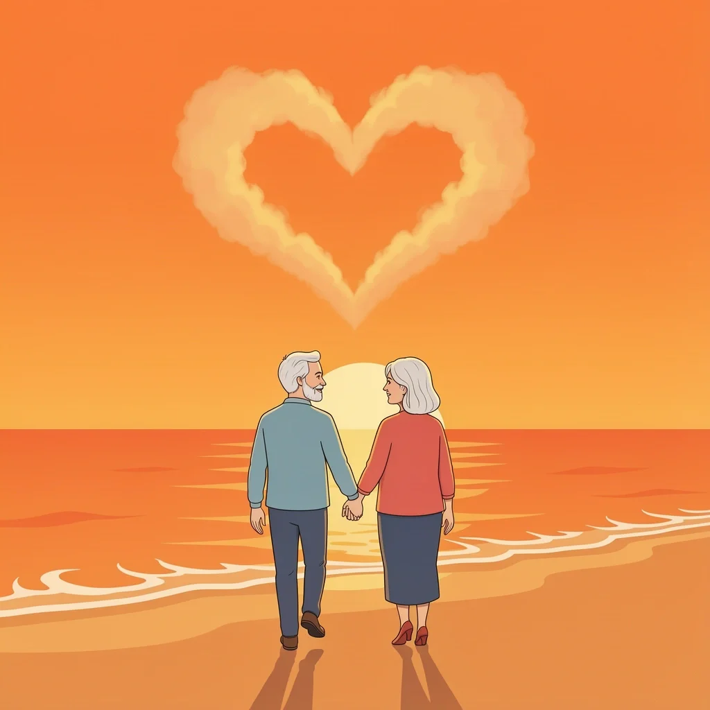 An elderly couple walking hand-in-hand on a beach at sunset, symbolizing lifelong joy in marriage.