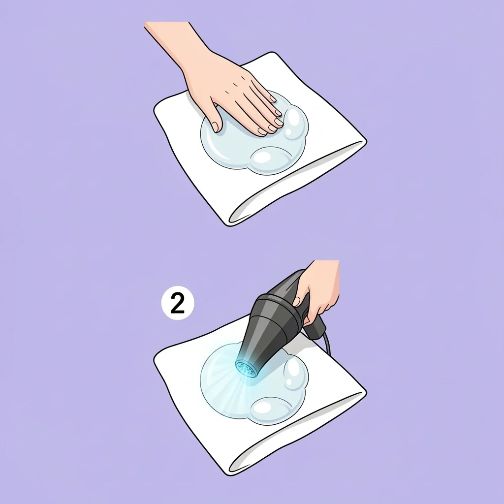 Step-by-step illustration of removing a bubble stain from dress: blotting and drying with hairdryer