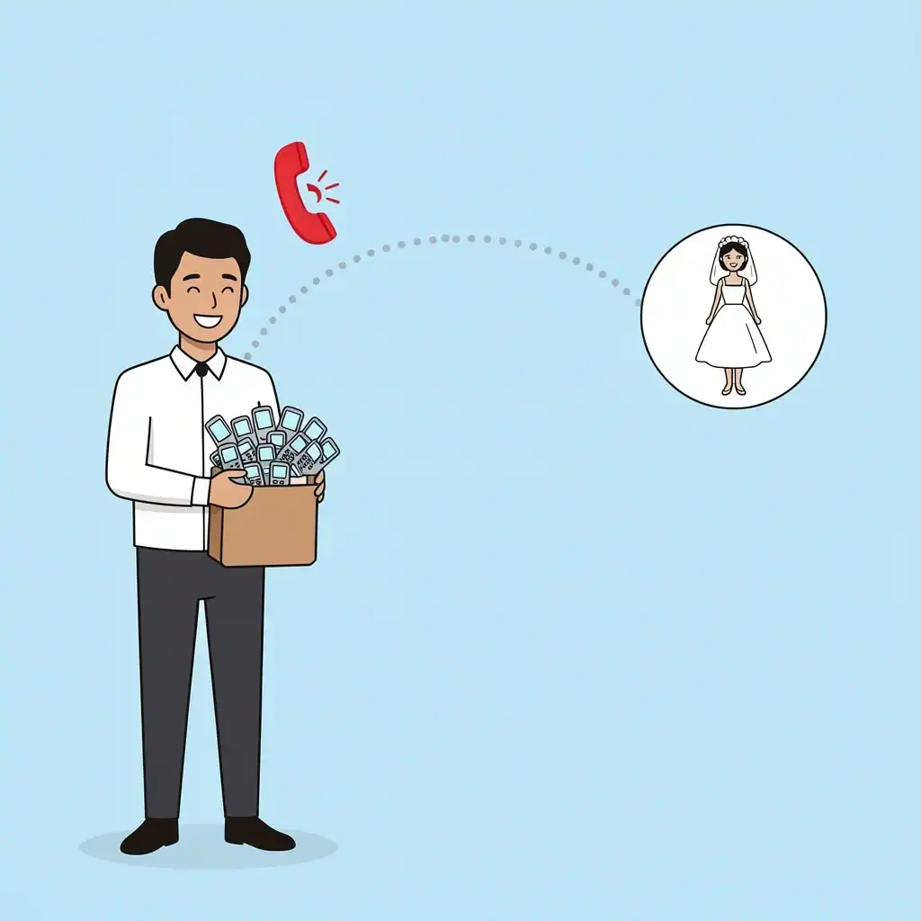 Emergency Phone Handler System Vector illustration of a phone handler with a bag of phones, connected to a family member icon for emergency contact.