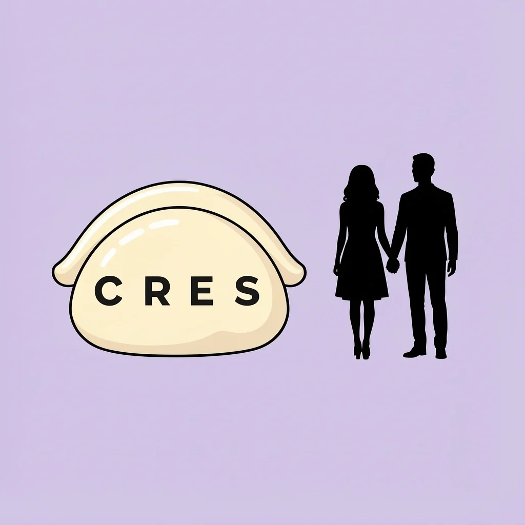 Dumpling shape with C, R, E, S letters next to couple silhouettes representing the speech structure