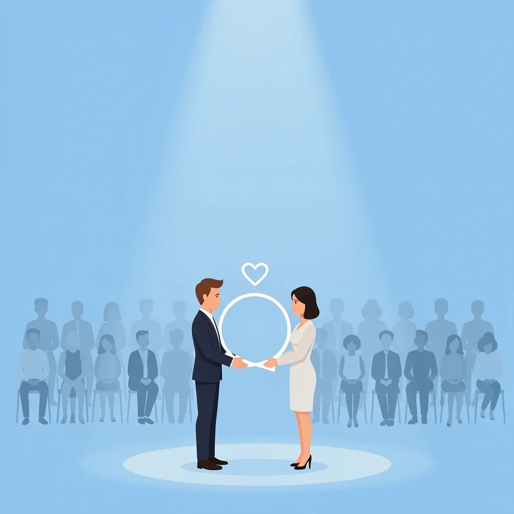 Emotional and Symbolic Core of Weddings Couple on stage holding white ribbon circle under spotlight with guest silhouettes symbolizing public wedding vows