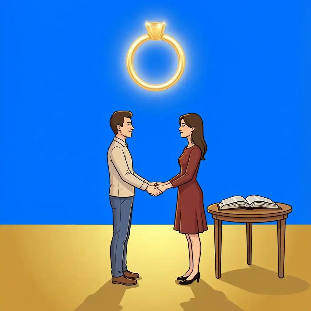 Engaged couple holding hands with glowing ring and open Bible representing sacred covenant