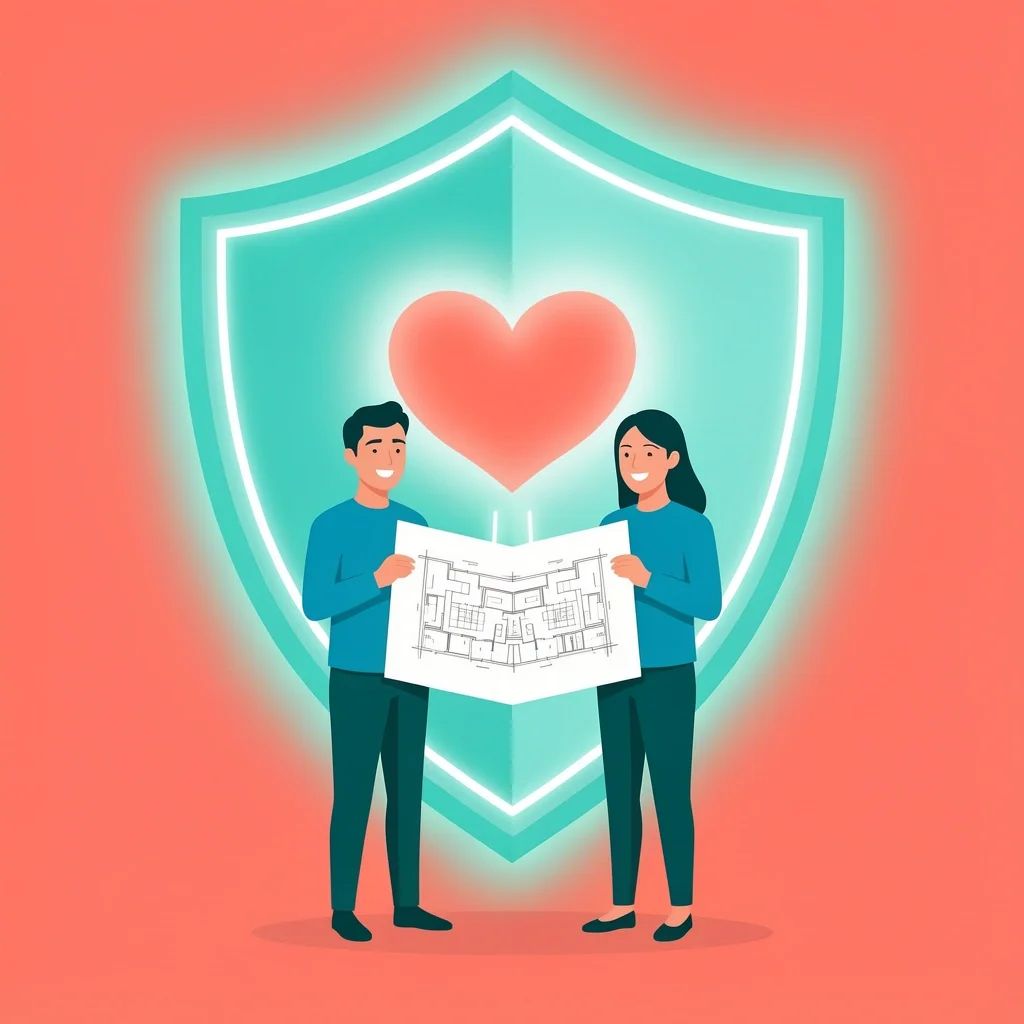 Couple building spiritual foundation with heart blueprints and shield of faith