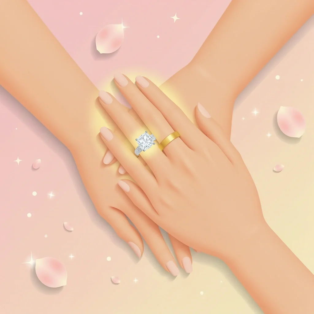 A couple's hands with a diamond engagement ring and a gold wedding band on a pastel background with rose petals