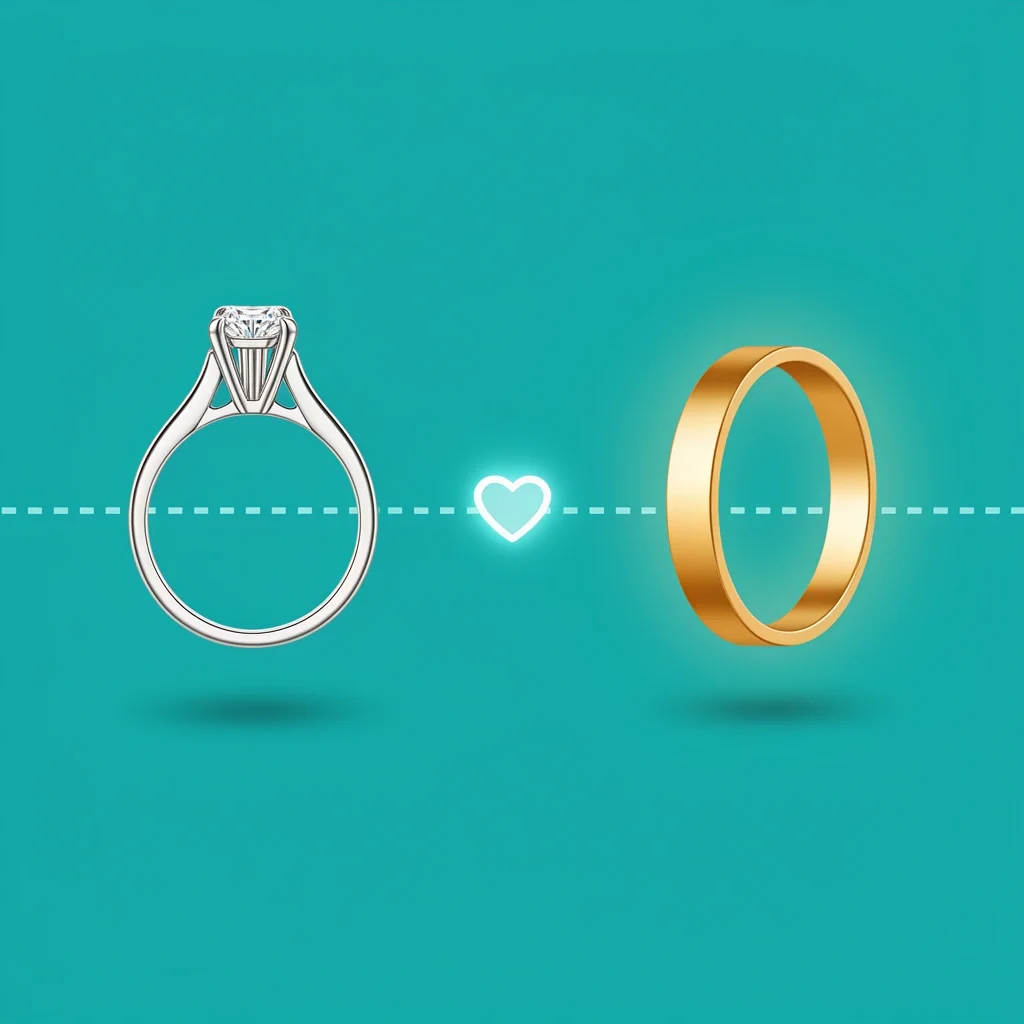 Core Difference Between Engagement and Wedding Rings Side-by-side comparison of an engagement ring with a diamond and a simple gold wedding band on teal background with a dashed line and heart