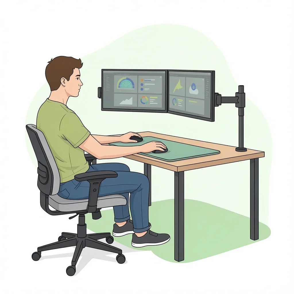 Ergonomic Desk Setup with Monitor Mount Ergonomic desk setup with dual monitor mount, ergonomic mouse, and large desk pad for back health