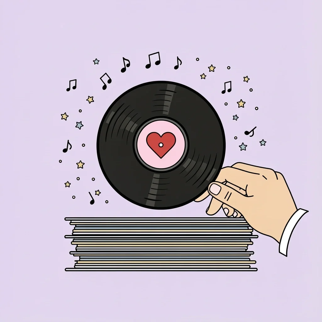 Curated Wedding Song List Hand selecting a vinyl record with a heart label from a stack of records, symbolizing curated wedding processional songs