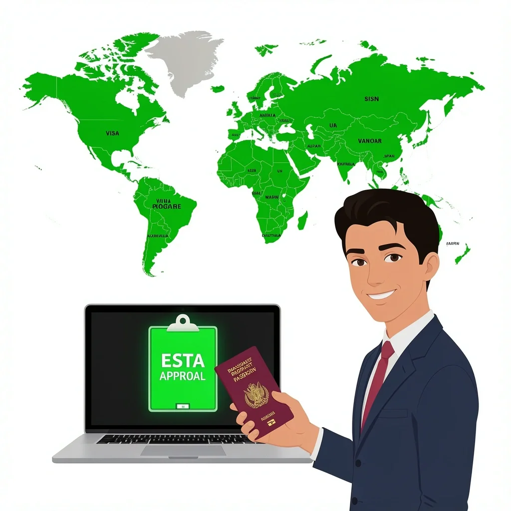 World map with Visa Waiver countries and laptop showing ESTA approval for wedding attendance