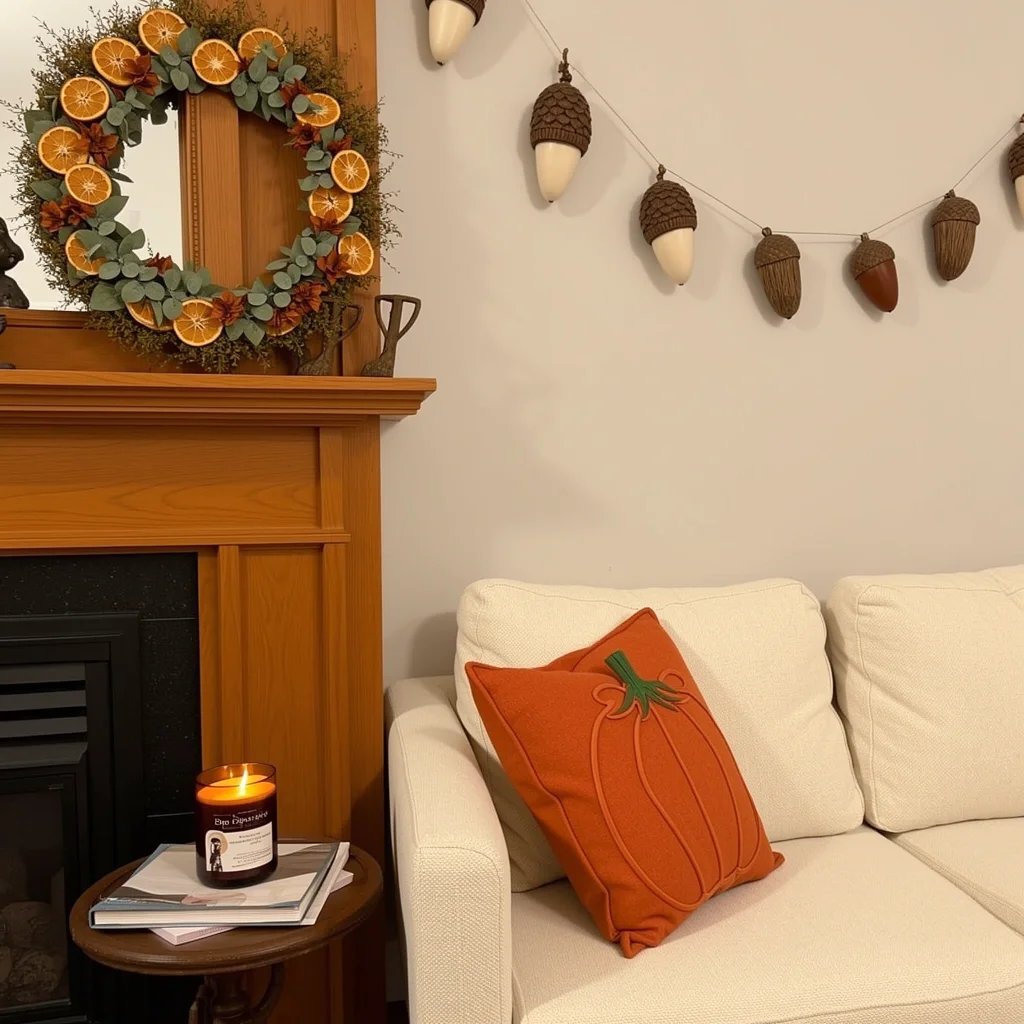 Handpicked Etsy Fall Home Decor Vector illustration of a cozy fall living room with a handmade wreath on the mantel and a pumpkin throw pillow on the sofa