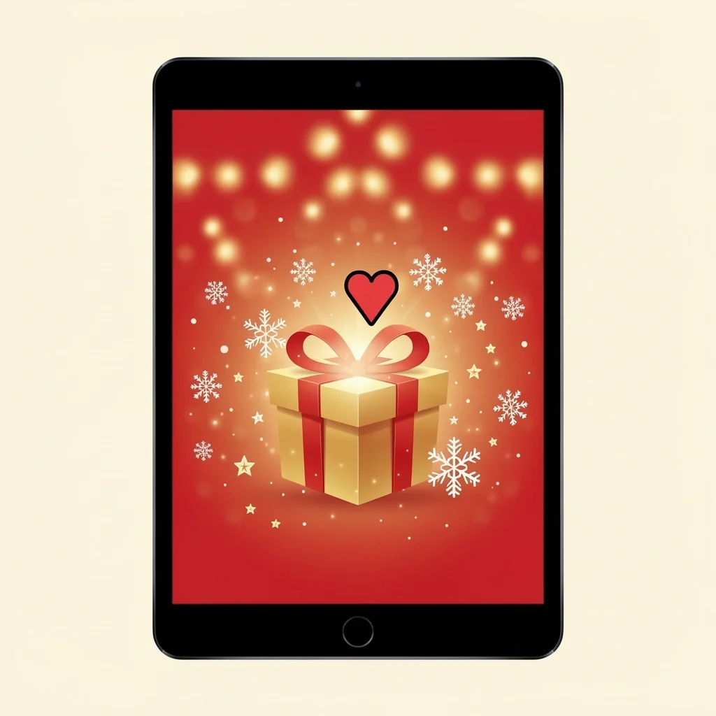 A digital tablet screen showing a heart-shaped cursor hovering over a glowing Etsy-style gift box surrounded by snowflakes and stars