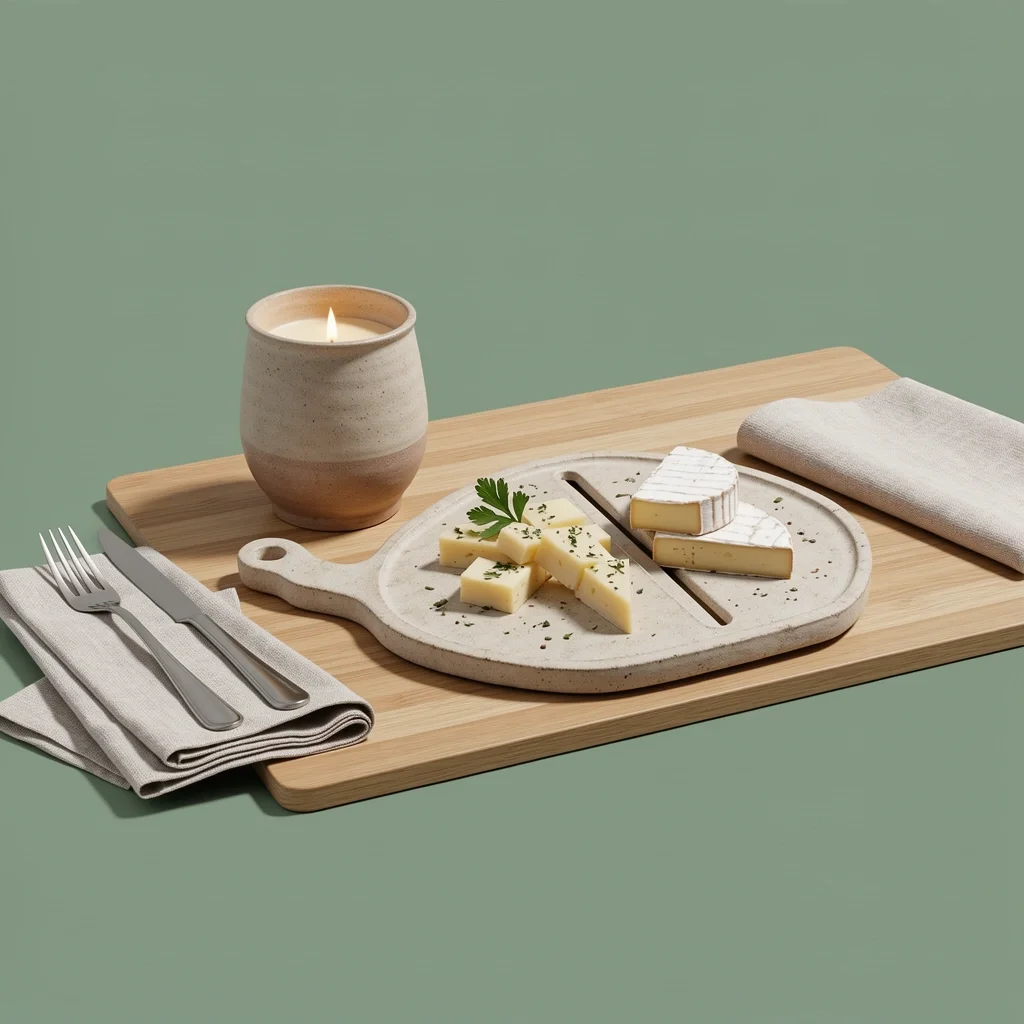 A holiday table setting with a handmade stoneware cheese board, linen napkins, and a hand-poured candle
