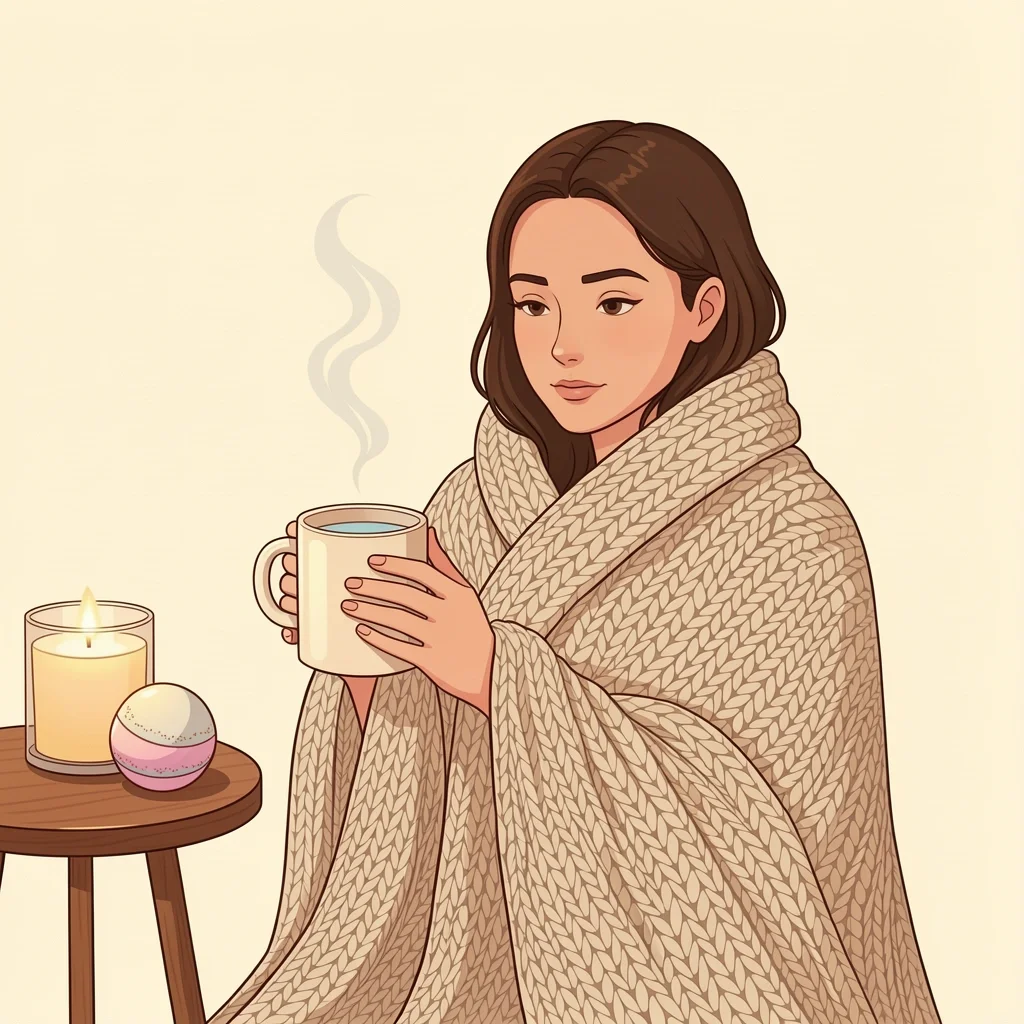 A person wrapped in a knit blanket holding a mug, with a candle and bath bomb on a side table