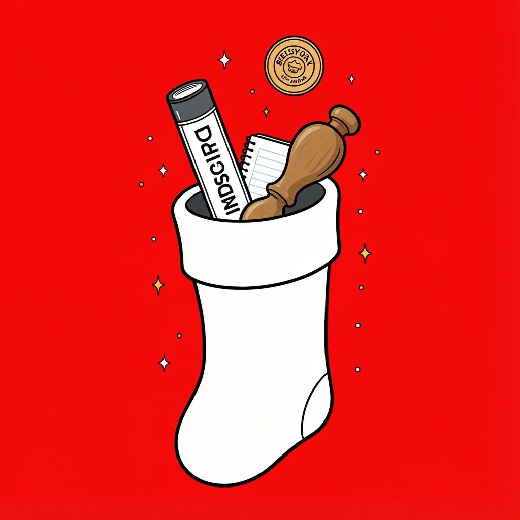 A festive stocking overflowing with small handmade items like an enamel pin, lip balm, notebook, and wooden stamp