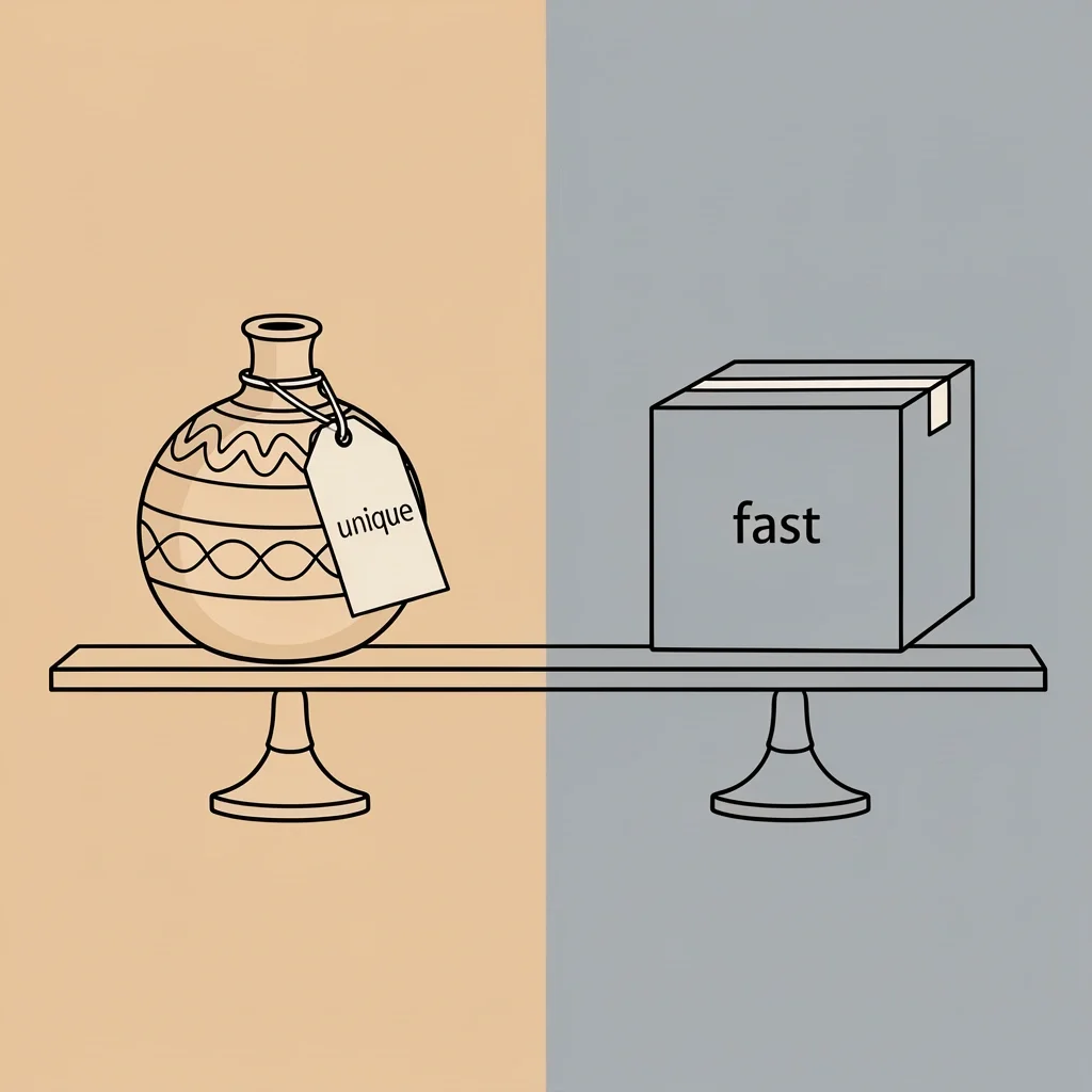 A scale balancing a handcrafted ceramic ornament on one side and a generic box on the other