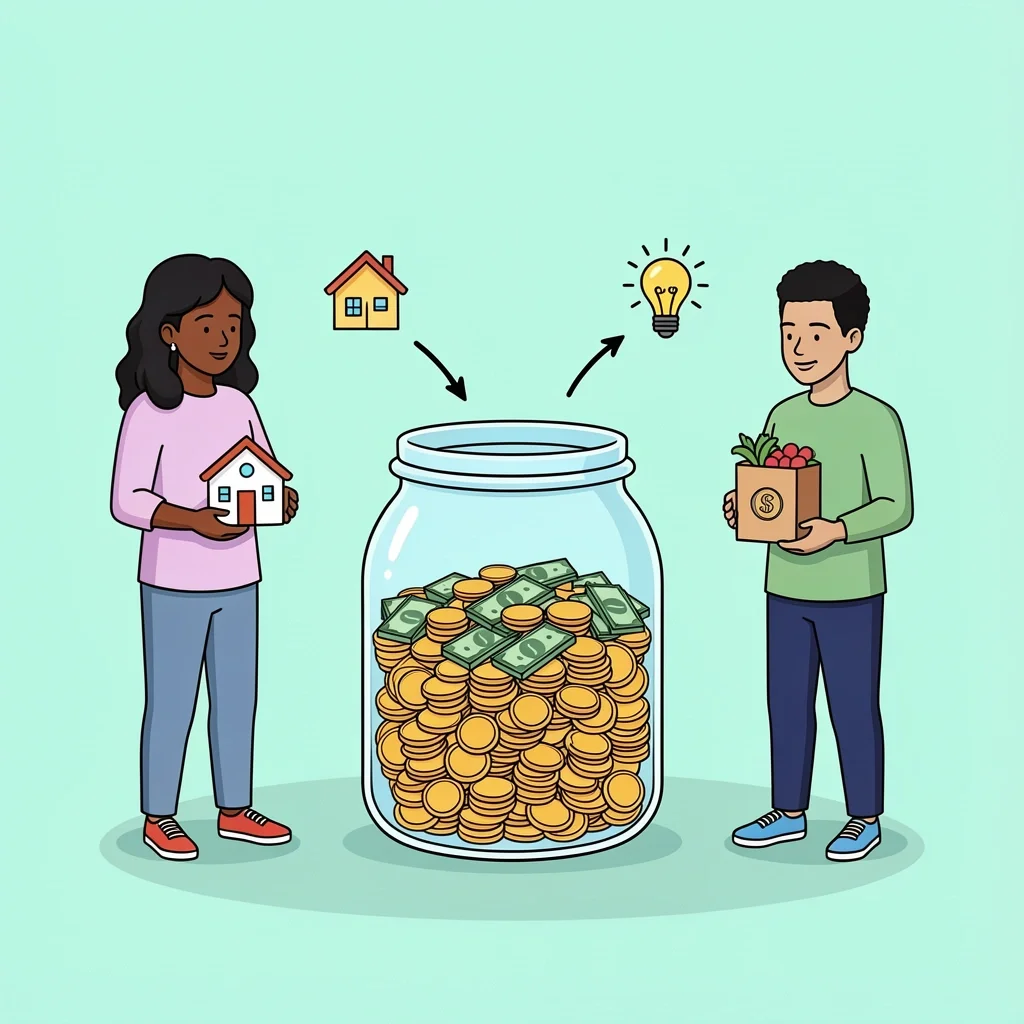 Three people contributing to a shared expense pool with icons for housing, utilities, and groceries