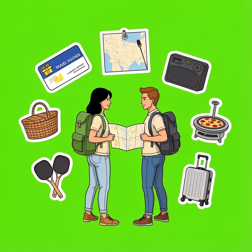 Experience Gifts for Traveler Couples Vector illustration of an adventurous couple surrounded by experience gift options like travel vouchers, picnic sets, and a pizza oven