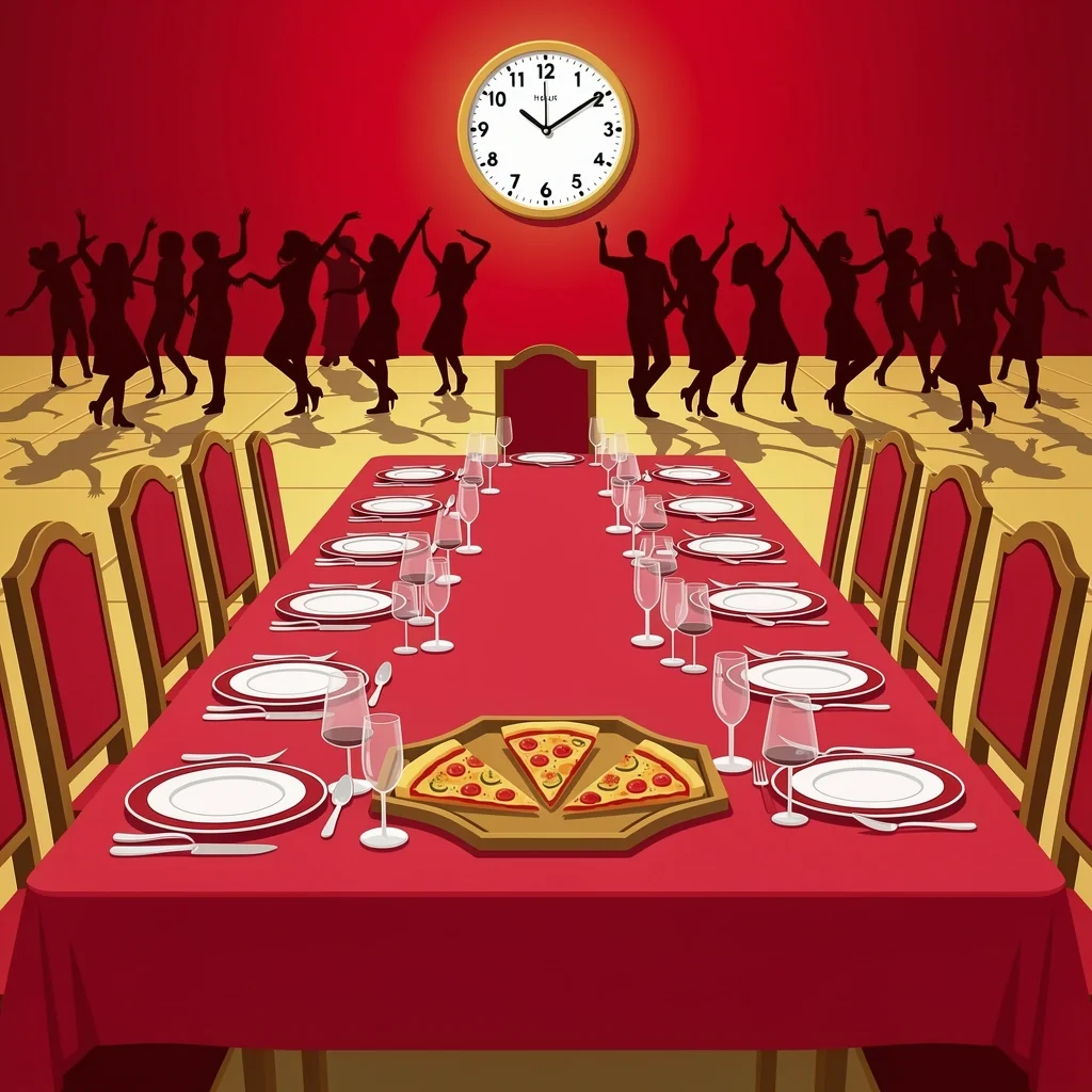 5-Hour Reception Details Multi-course dinner table with pizza late-night snack and dance floor representing a 5-hour wedding reception.