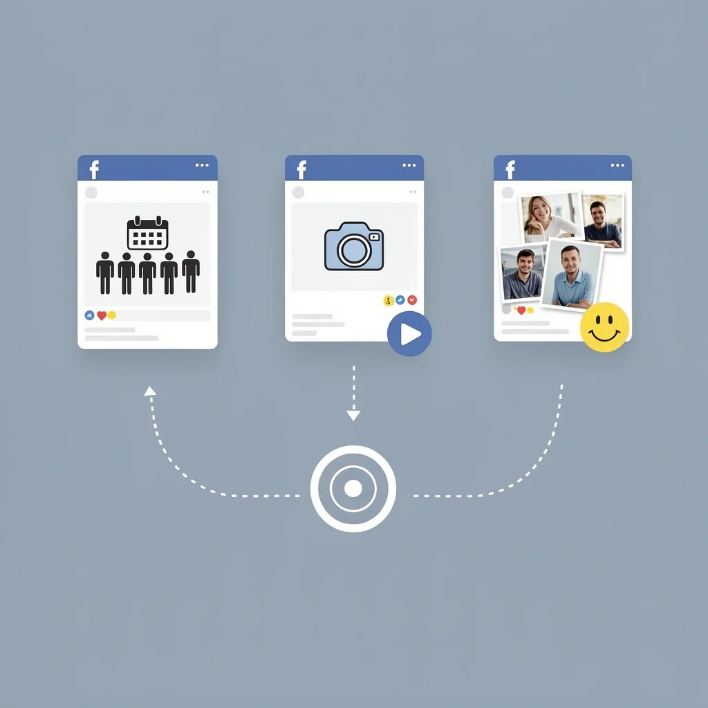 Facebook Save the Date Format Options Three floating cards representing Facebook formats: event page, wall post, and photo album connected by an arrow path