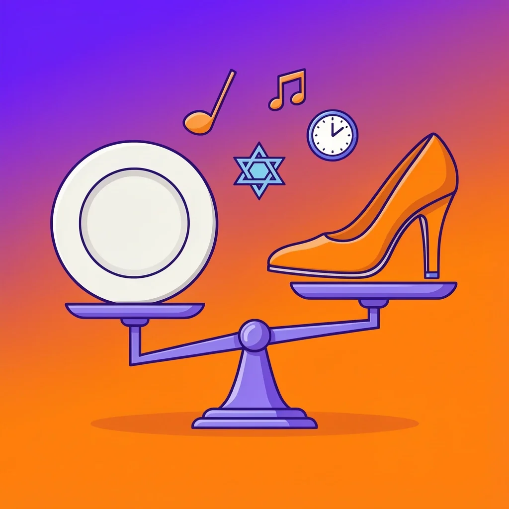 Timeline Factors Balancing scale with dinner plate and dancing shoe, surrounded by music, time, and cultural icons.