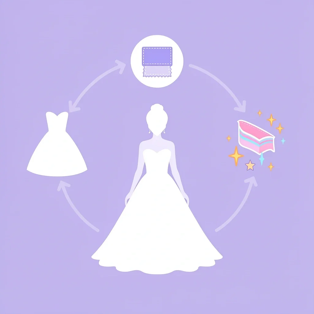 Factors That Determine Wedding Dress Weight Bride silhouette surrounded by icons for silhouette, fabric, and embellishments indicating factors that determine dress weight