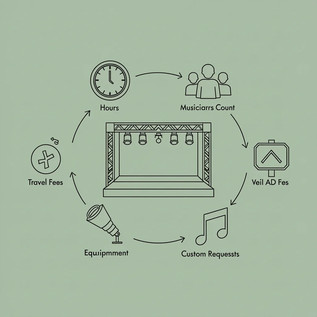 Live Band Pricing Factors Line art illustration of five factors influencing live wedding band price around a central stage on sage green background